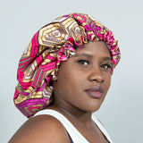 Binwie Gold_ Pink Sleep Cap, Ankara Hair Bonnet with Satin Lining