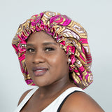 Binwie Gold_ Pink Sleep Cap, Ankara Hair Bonnet with Satin Lining