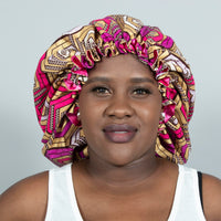 Binwie Gold_ Pink Sleep Cap, Ankara Hair Bonnet with Satin Lining