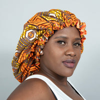 Binwie Orange_Brown Sleep Cap, Ankara Hair Bonnet with Satin Lining