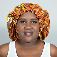 Binwie Orange_Brown Sleep Cap, Ankara Hair Bonnet with Satin Lining
