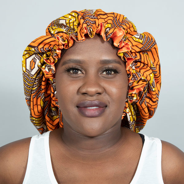 Binwie Orange_Brown Sleep Cap, Ankara Hair Bonnet with Satin Lining