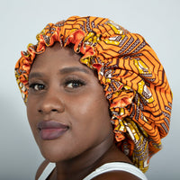 Binwie Orange_Brown Sleep Cap, Ankara Hair Bonnet with Satin Lining