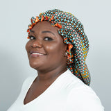 Binwie Orange_ black_ yellow Sleep Cap, Ankara Hair Bonnet with Satin Lining