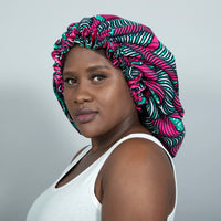 Binwie Pink_white_Green Sleep Cap, Ankara Hair Bonnet with Satin Lining3