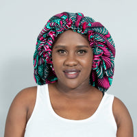 Binwie Pink_white_Green Sleep Cap, Ankara Hair Bonnet with Satin Lining3