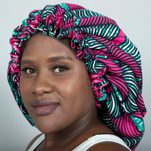 Binwie Pink_white_Green Sleep Cap, Ankara Hair Bonnet with Satin Lining3