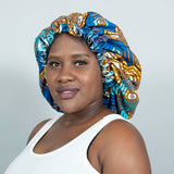 Binwie Turquoise_ blue Sleep Cap, Ankara Hair Bonnet with Satin Lining