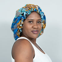 Binwie Turquoise_ blue Sleep Cap, Ankara Hair Bonnet with Satin Lining