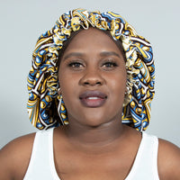 Binwie Yellow_white_ blue Sleep Cap, Ankara Hair Bonnet with Satin Lining