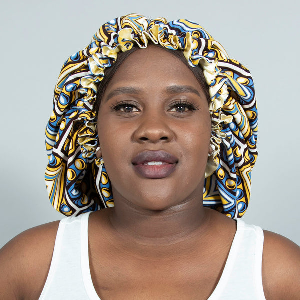 Binwie Yellow_white_ blue Sleep Cap, Ankara Hair Bonnet with Satin Lining
