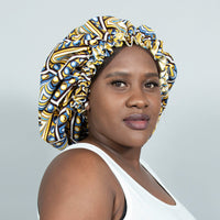 Binwie Yellow_white_ blue Sleep Cap, Ankara Hair Bonnet with Satin Lining