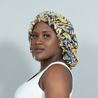 Binwie Yellow_white_ blue Sleep Cap, Ankara Hair Bonnet with Satin Lining