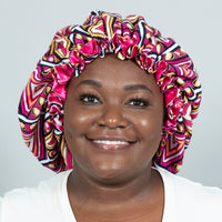 Binwie white_ Pink Sleep Cap, Ankara Hair Bonnet with Satin Lining