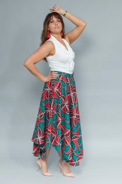 Ngenwie Red_Green Ankara African print Skirt.(Check size chart before placing your order)